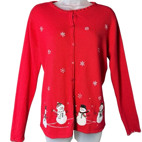 Wish for Joy Red Snowman Cardigan Sweater Large Christmas Embroidered - Picture 1 of 6
